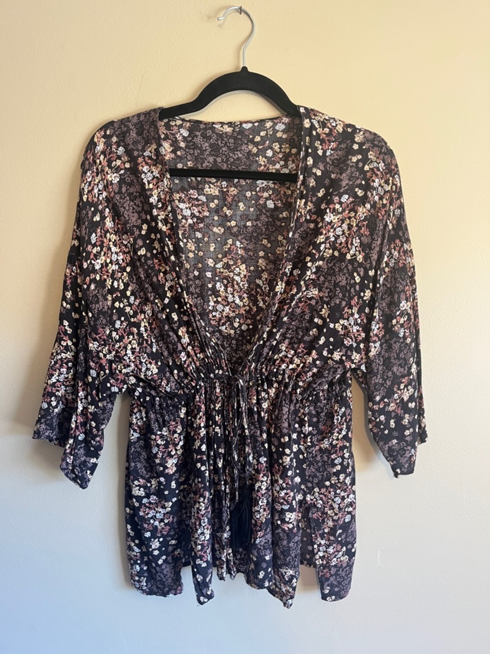 Women's Black Floral Tie-Front Blouse